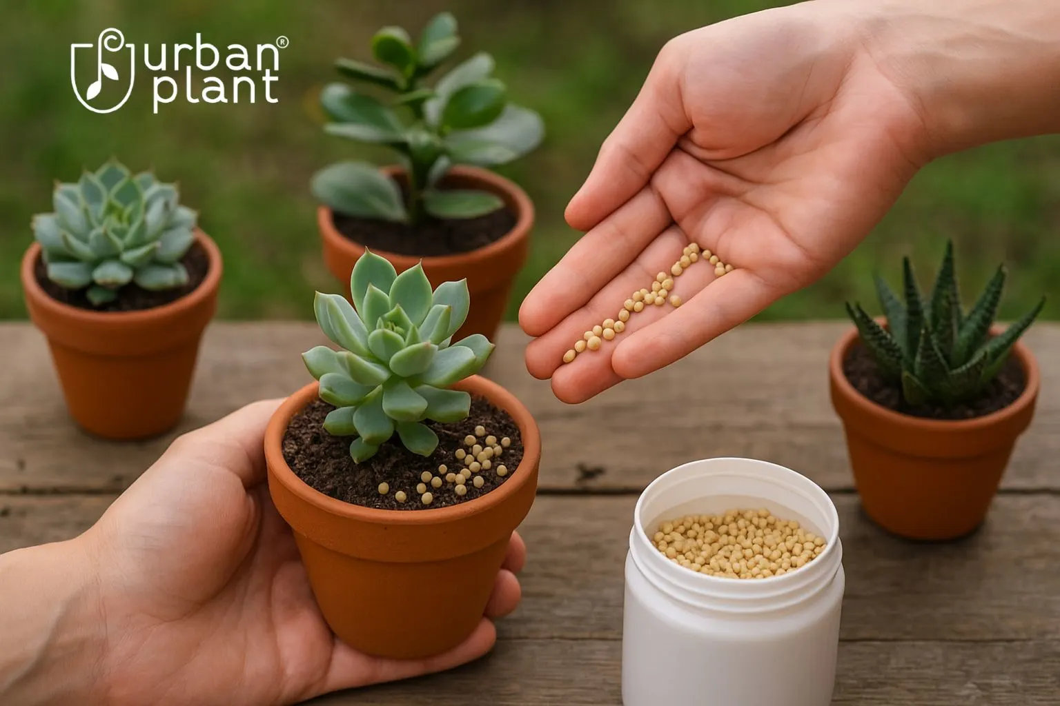 Fertilizing succulents with natural fertilizer granules in terracotta pots – Urban Plant